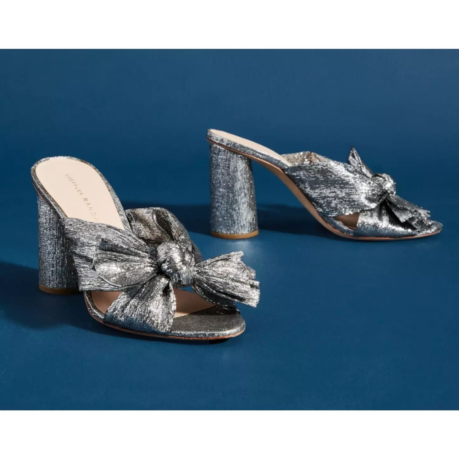 Loeffler Randall Penny Silver Metallic Pleated Lam Knotted Bow Mules Size 9